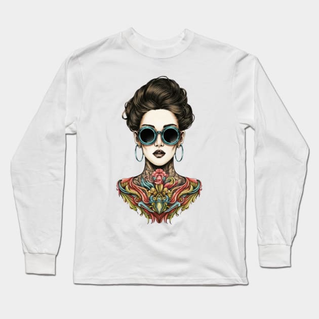 Captivative Inked Woman Long Sleeve T-Shirt by ALM Artbox